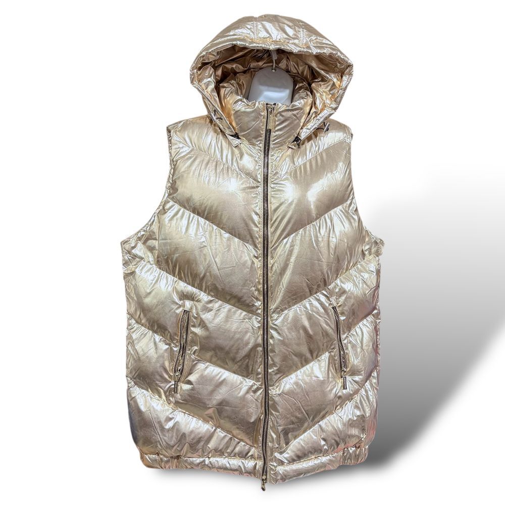 Puffer Vest - Michael Kors - Ciré Shine - Metallic / Gold - Hooded - Womens XL